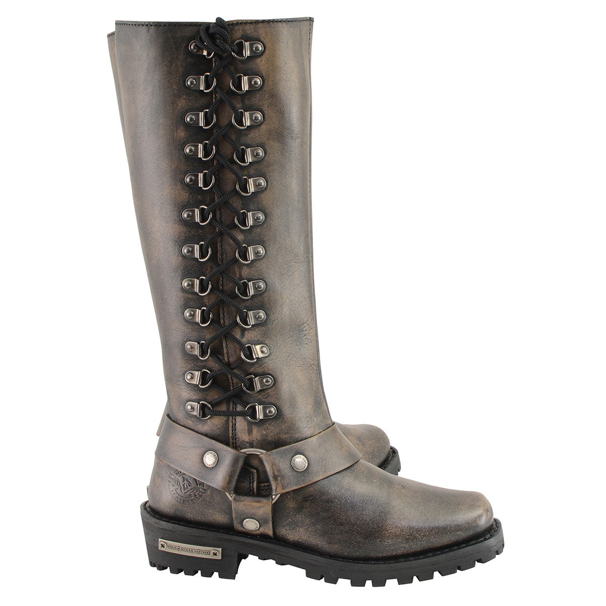 Women's Distressed Brown Leather 14-inch Classic Harness Square Toe Motorcycle Rider Boots MBL9368