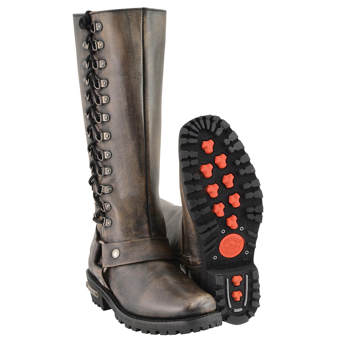 Women's Distressed Brown Leather 14-inch Classic Harness Square Toe Motorcycle Rider Boots MBL9368