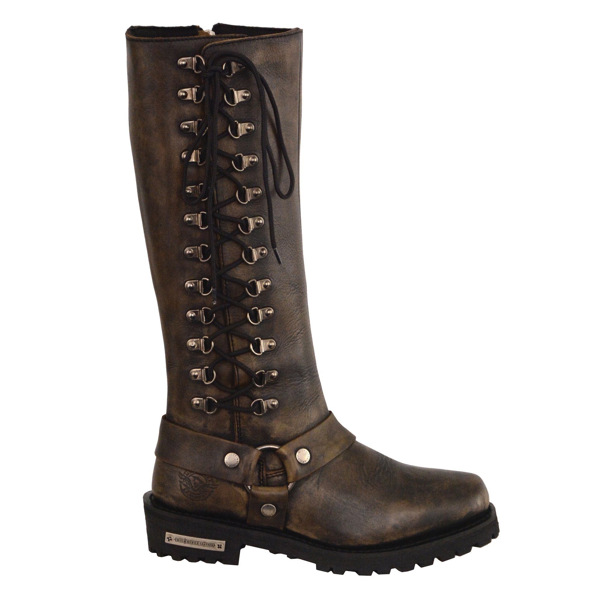 Women's Distressed Brown Leather 14-inch Classic Harness Square Toe Motorcycle Rider Boots MBL9368