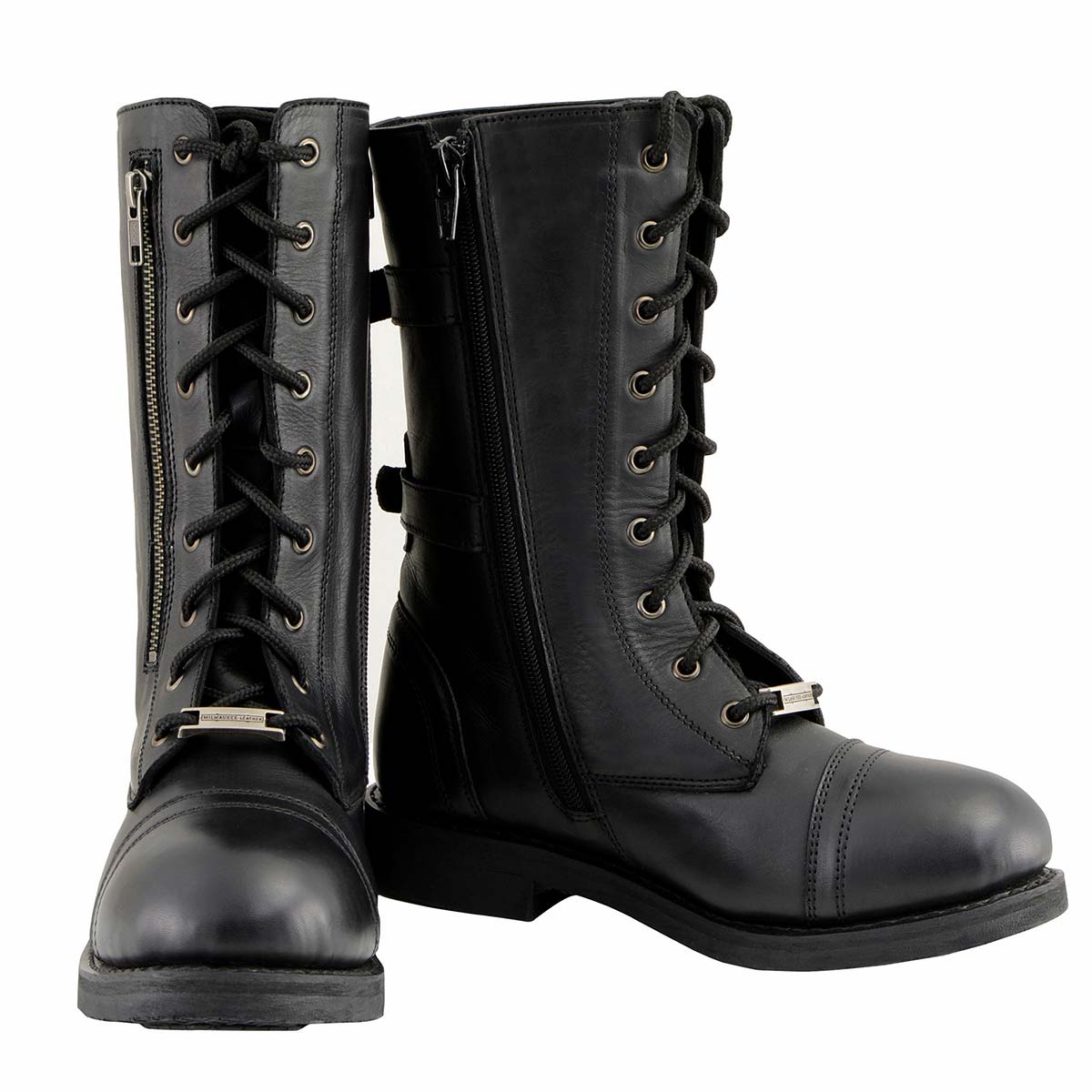 Women's Graze Black Leather Lace-Up Motorcycle Boots with Zipper Pocket MBL9369