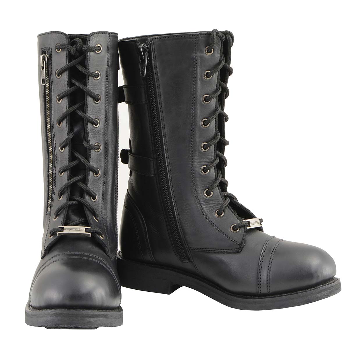 Women's Graze Black Leather Lace-Up Motorcycle Boots with Zipper Pocket MBL9369