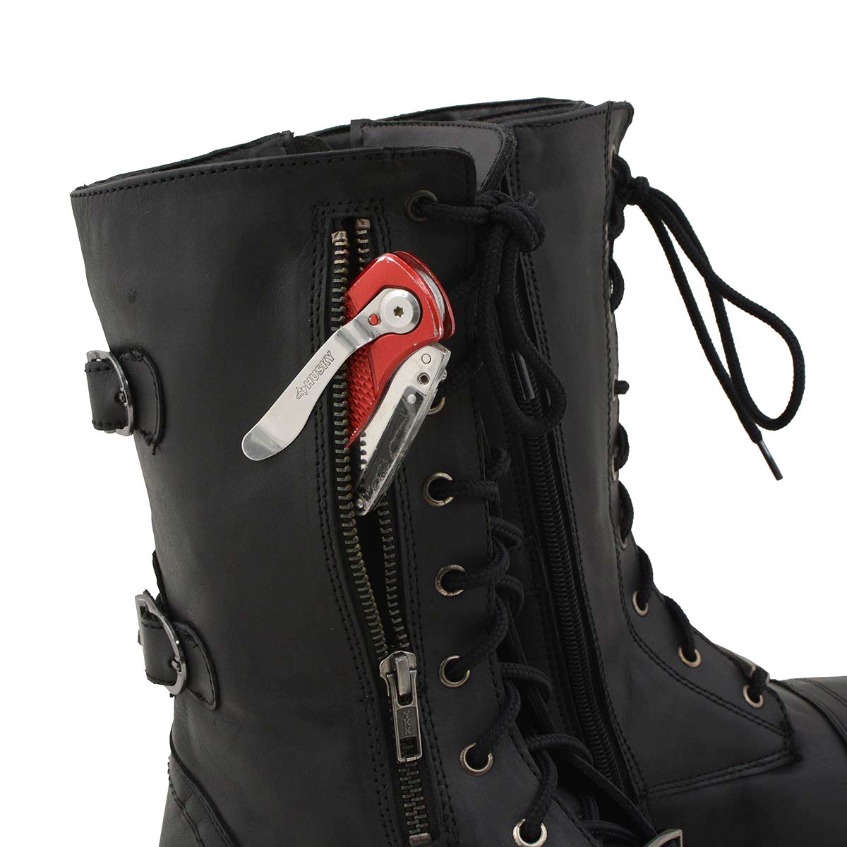 Women's Graze Black Leather Lace-Up Motorcycle Boots with Zipper Pocket MBL9369