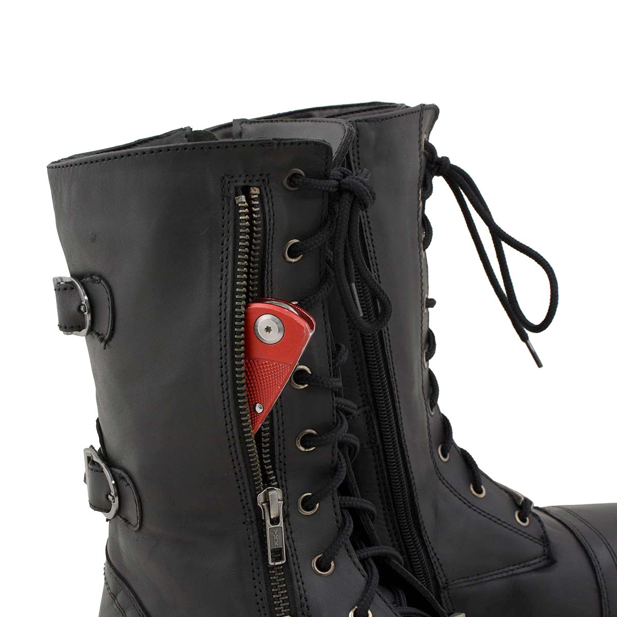 Women's Graze Black Leather Lace-Up Motorcycle Boots with Zipper Pocket MBL9369