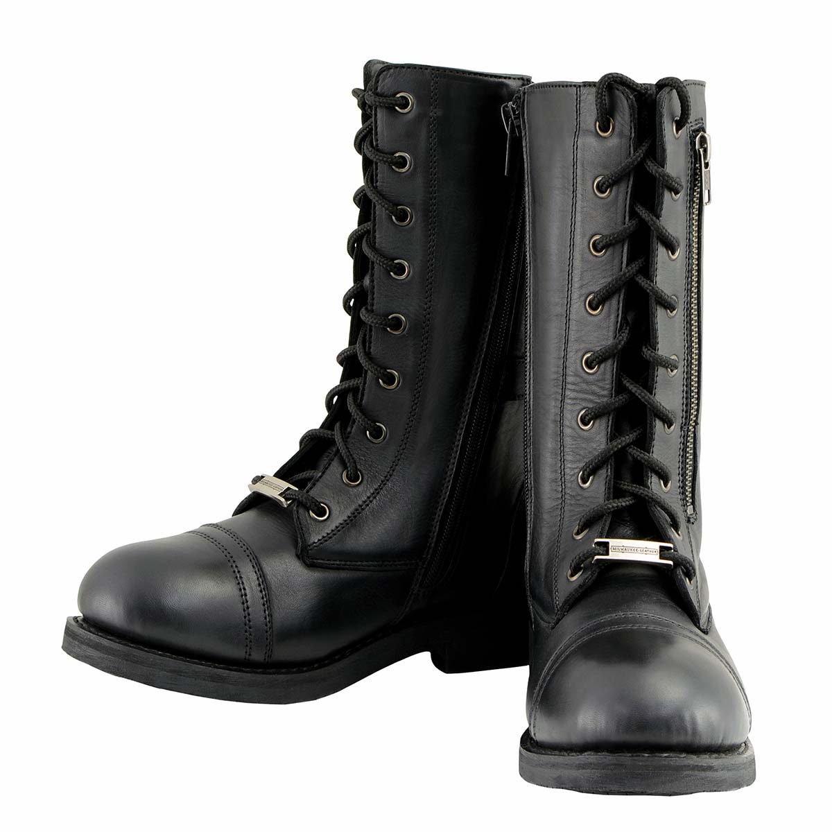 Women's Graze Black Leather Lace-Up Motorcycle Boots with Zipper Pocket MBL9369