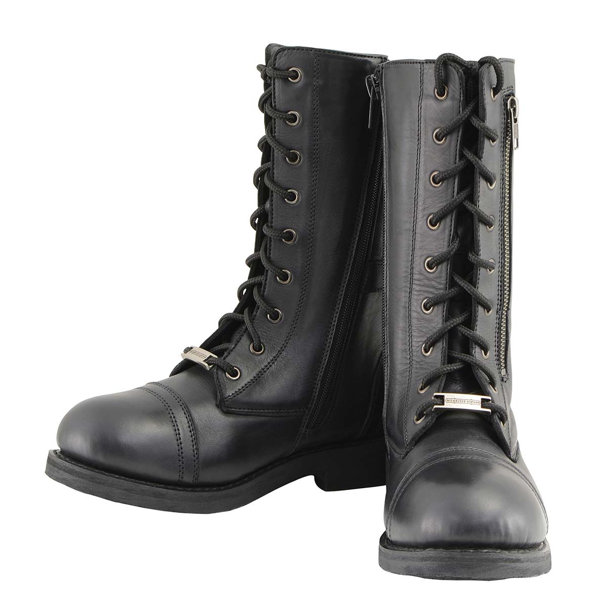 Women's Graze Black Leather Lace-Up Motorcycle Boots with Zipper Pocket MBL9369
