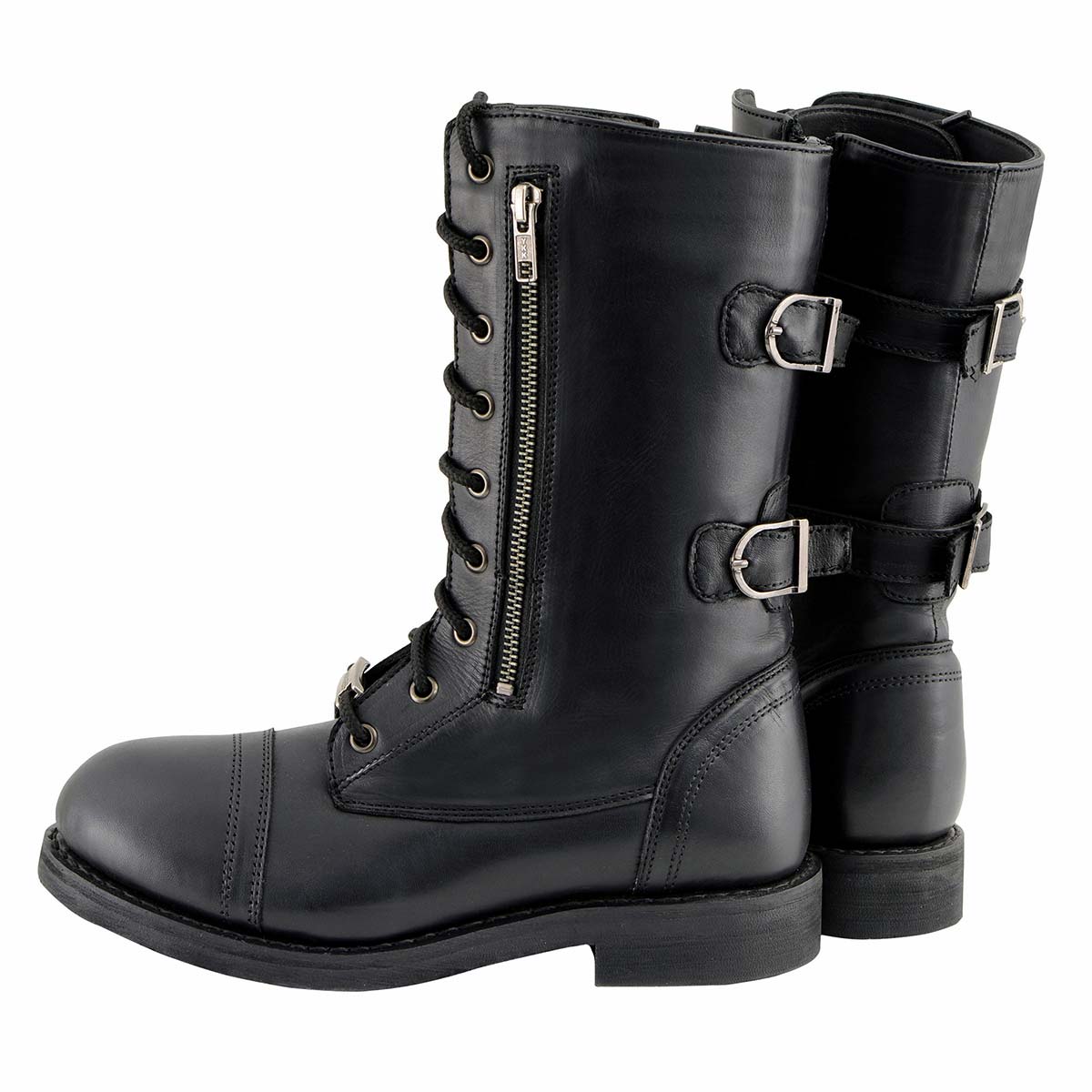Women's Graze Black Leather Lace-Up Motorcycle Boots with Zipper Pocket MBL9369