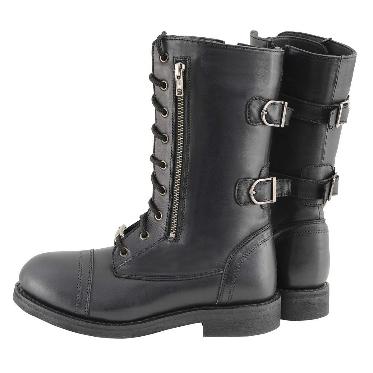 Women's Graze Black Leather Lace-Up Motorcycle Boots with Zipper Pocket MBL9369