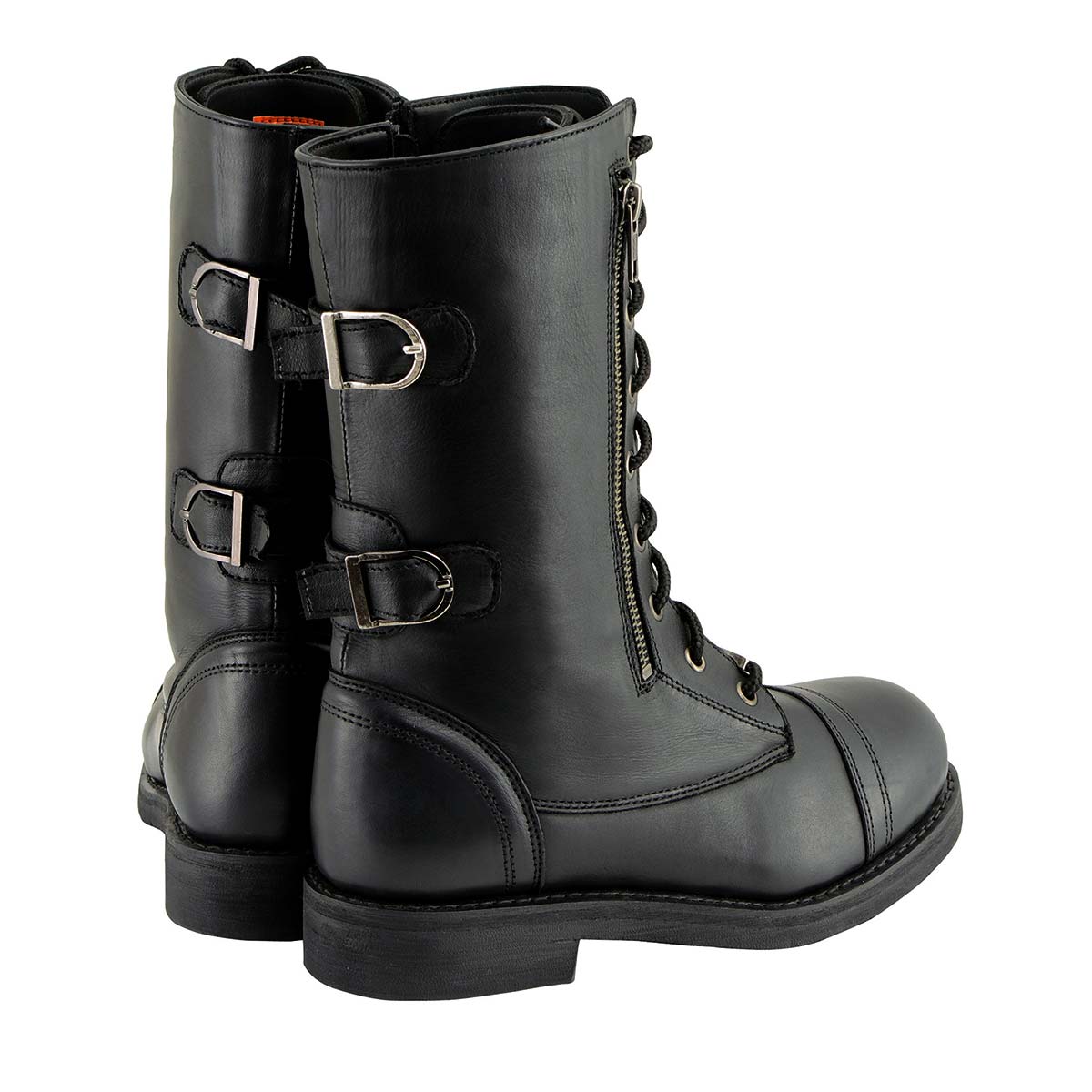 Women's Graze Black Leather Lace-Up Motorcycle Boots with Zipper Pocket MBL9369