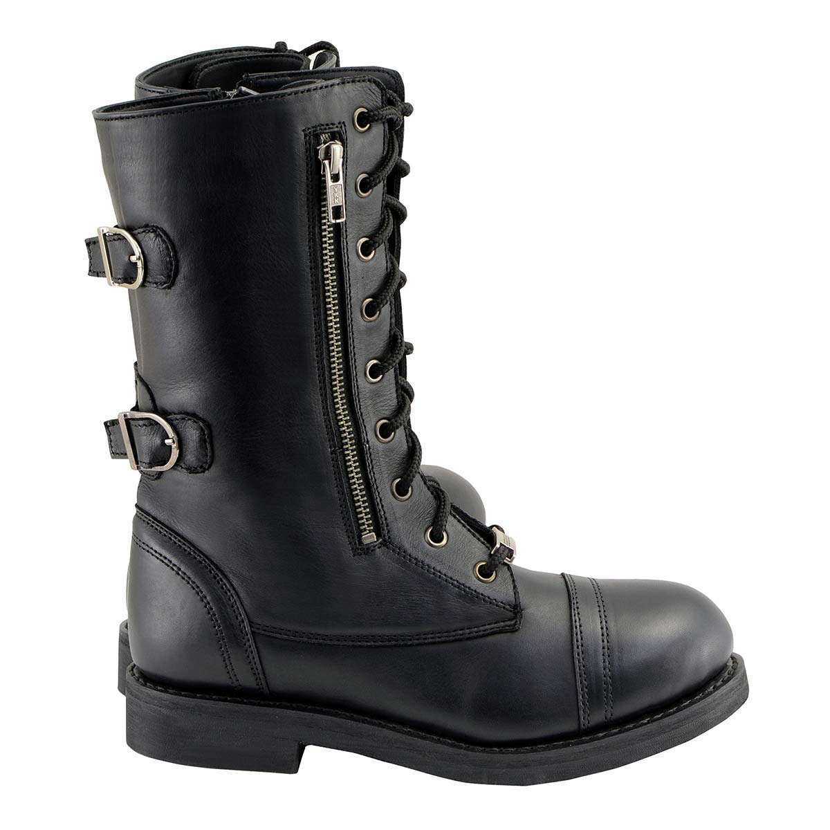 Women's Graze Black Leather Lace-Up Motorcycle Boots with Zipper Pocket MBL9369