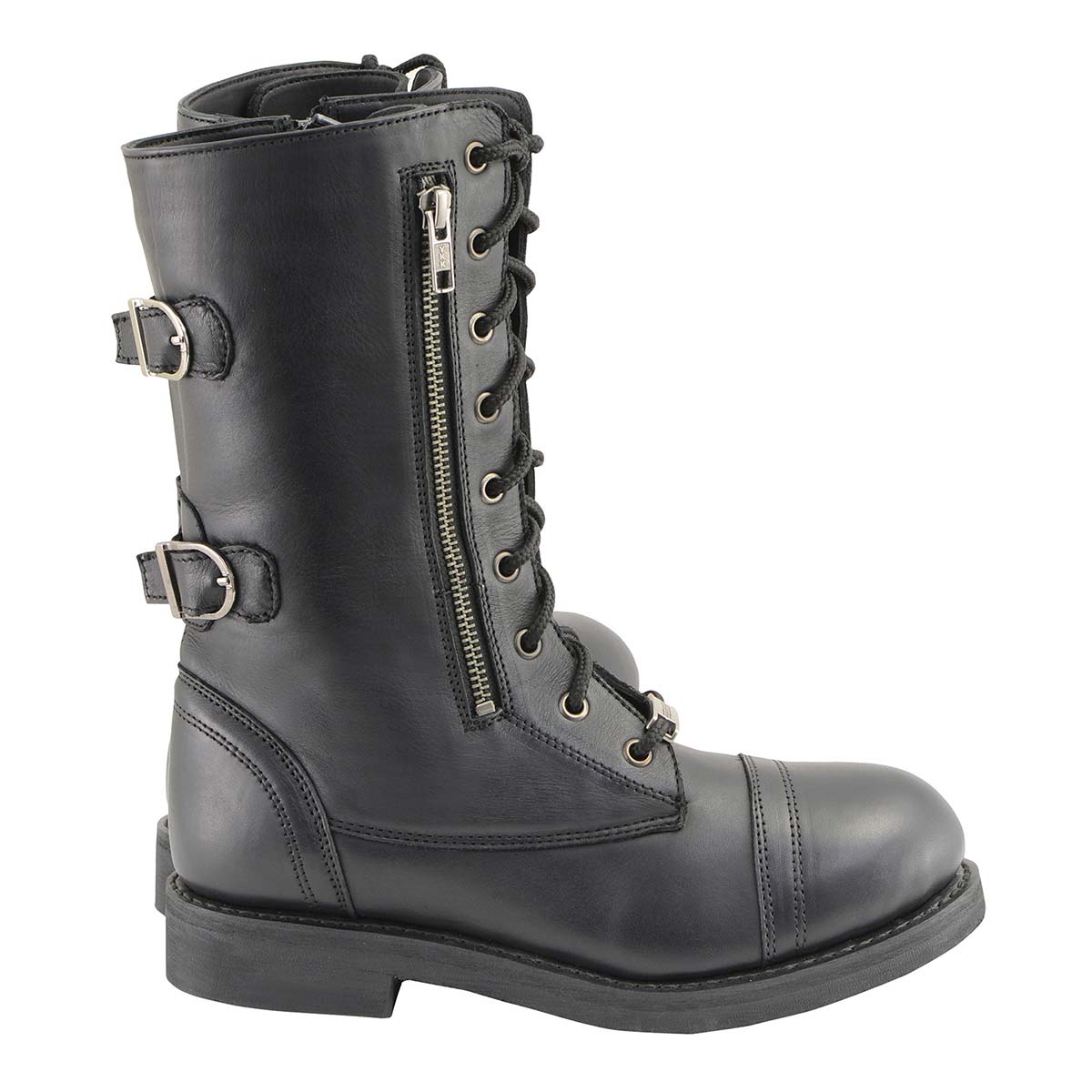 Women's Graze Black Leather Lace-Up Motorcycle Boots with Zipper Pocket MBL9369