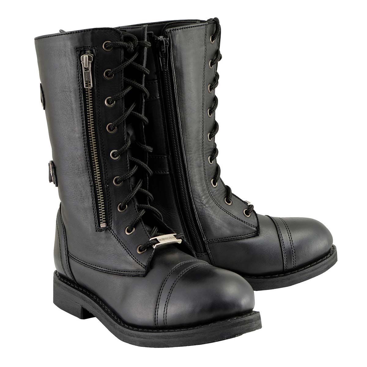 Women's Graze Black Leather Lace-Up Motorcycle Boots with Zipper Pocket MBL9369