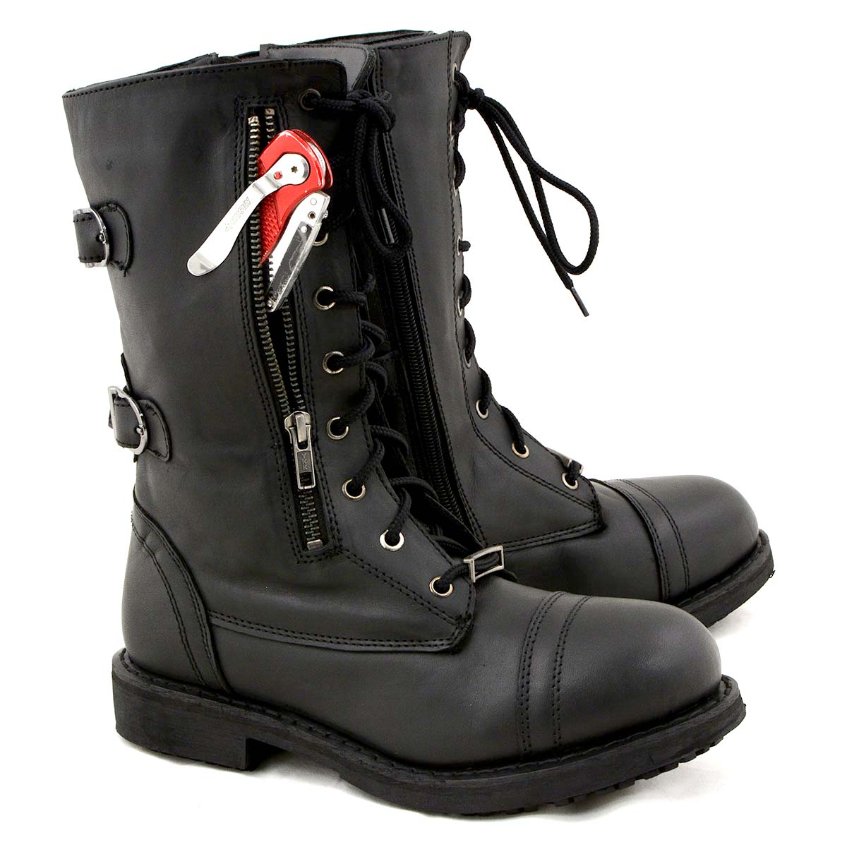 Women's Graze Black Leather Lace-Up Motorcycle Boots with Zipper Pocket MBL9369