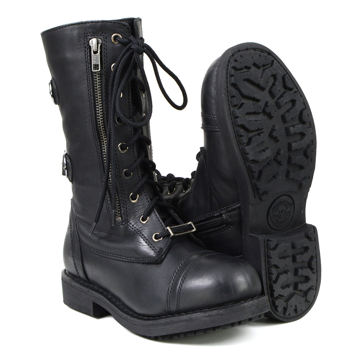 Women's Graze Black Leather Lace-Up Motorcycle Boots with Zipper Pocket MBL9369