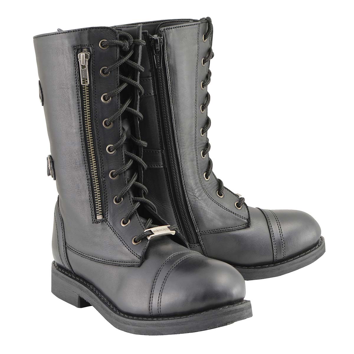 Women's Graze Black Leather Lace-Up Motorcycle Boots with Zipper Pocket MBL9369