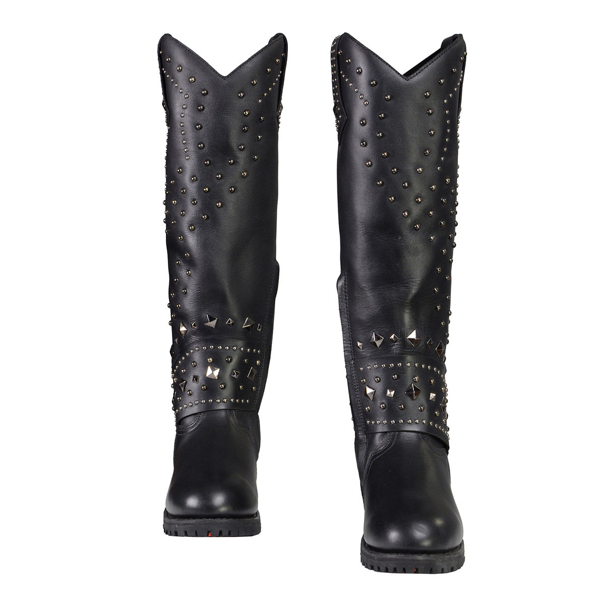 MBL9371 Women's Black 18-Inch Leather Studded and Riveted Western Style Motorcycle Boots