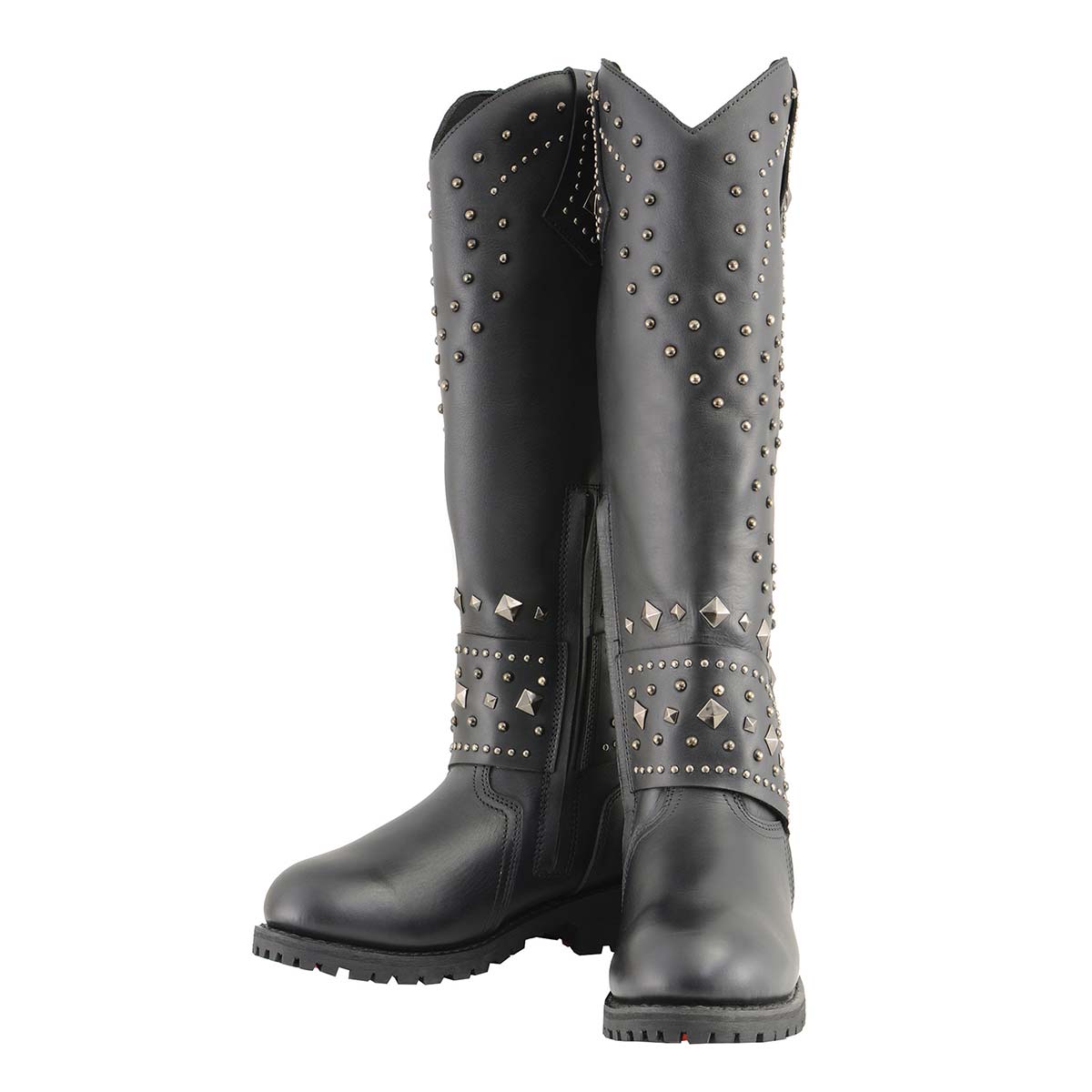 MBL9371 Women's Black 18-Inch Leather Studded and Riveted Western Style Motorcycle Boots