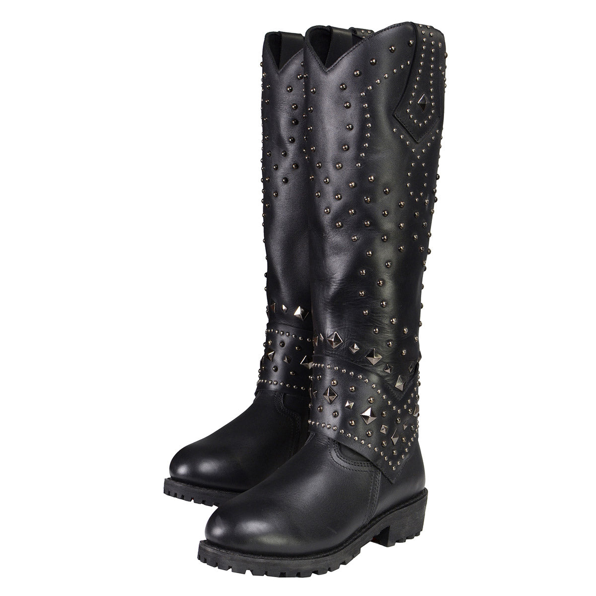 MBL9371 Women's Black 18-Inch Leather Studded and Riveted Western Style Motorcycle Boots