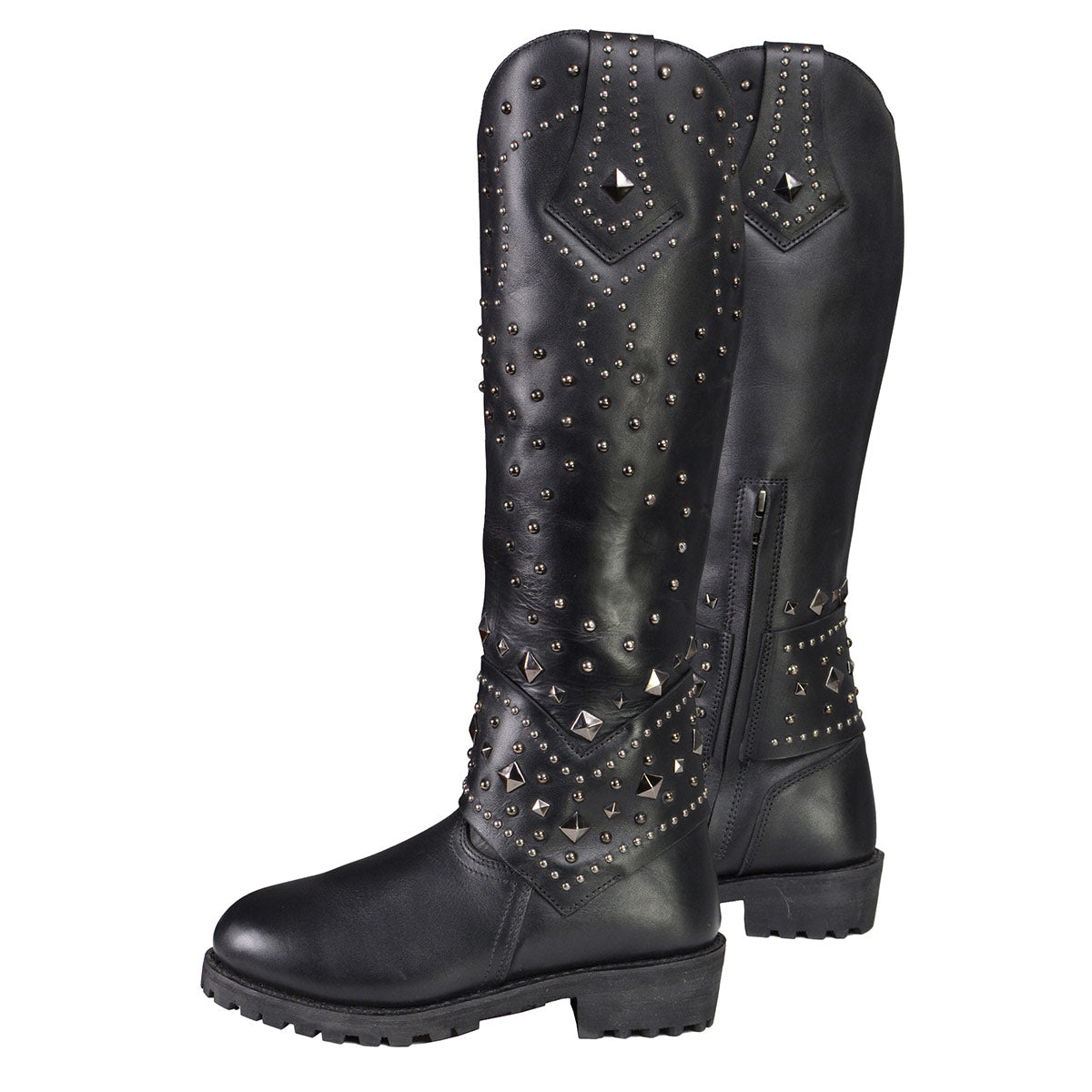 MBL9371 Women's Black 18-Inch Leather Studded and Riveted Western Style Motorcycle Boots