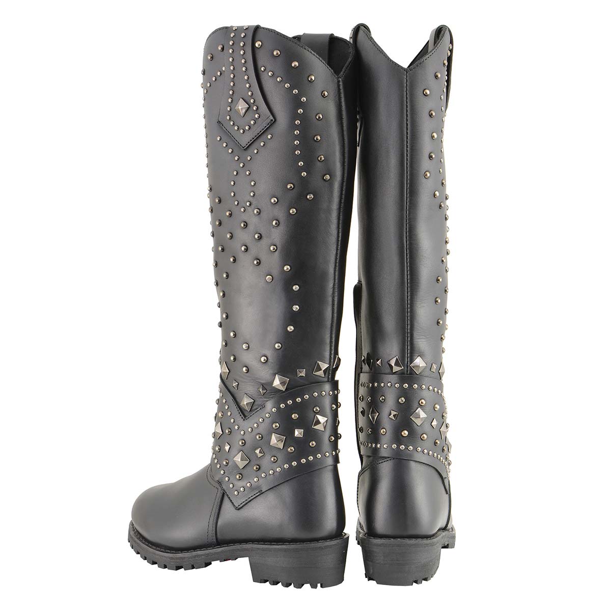 MBL9371 Women's Black 18-Inch Leather Studded and Riveted Western Style Motorcycle Boots