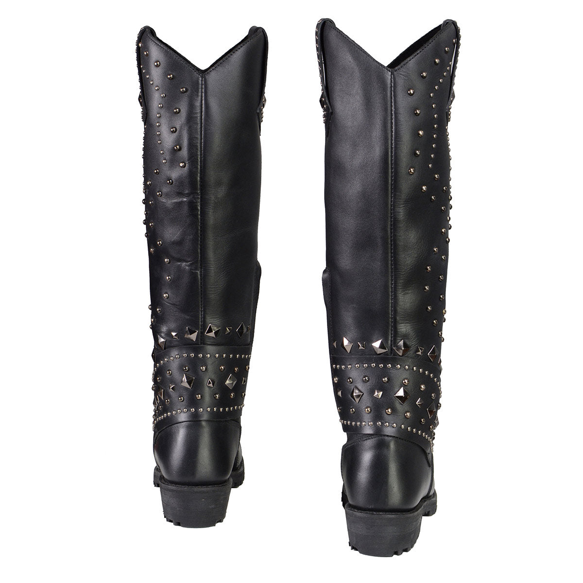 MBL9371 Women's Black 18-Inch Leather Studded and Riveted Western Style Motorcycle Boots