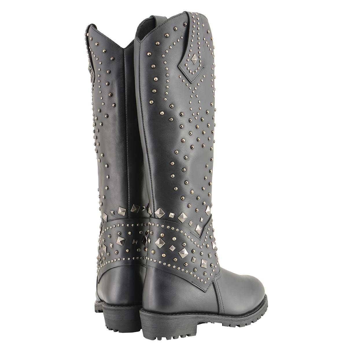 MBL9371 Women's Black 18-Inch Leather Studded and Riveted Western Style Motorcycle Boots