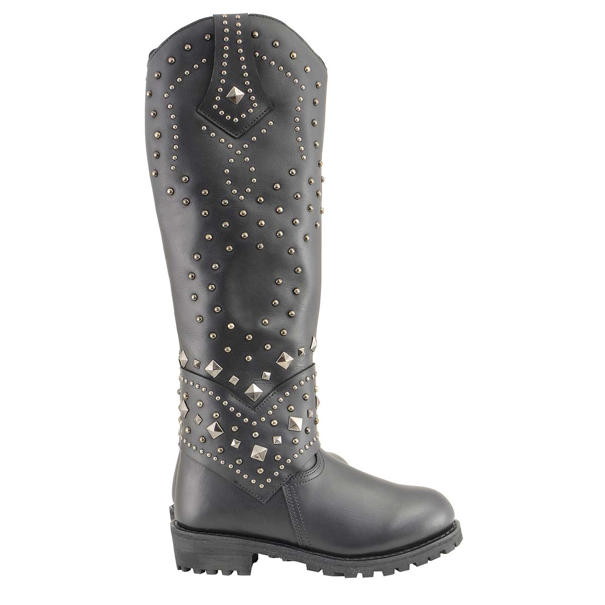 MBL9371 Women's Black 18-Inch Leather Studded and Riveted Western Style Motorcycle Boots