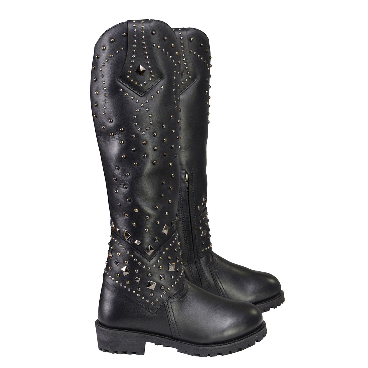 MBL9371 Women's Black 18-Inch Leather Studded and Riveted Western Style Motorcycle Boots