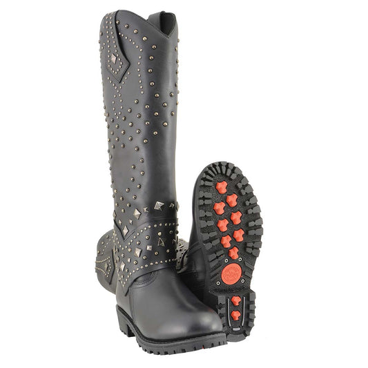 MBL9371 Women's Black 18-Inch Leather Studded and Riveted Western Style Motorcycle Boots