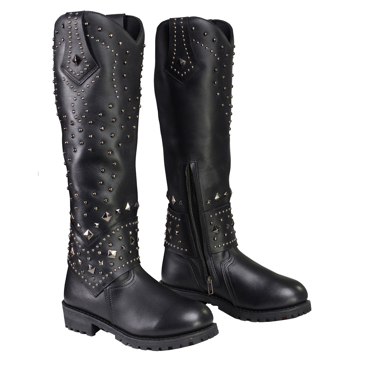 MBL9371 Women's Black 18-Inch Leather Studded and Riveted Western Style Motorcycle Boots