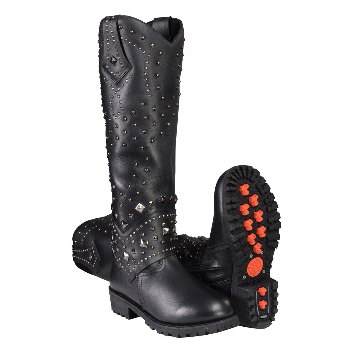 MBL9371 Women's Black 18-Inch Leather Studded and Riveted Western Style Motorcycle Boots