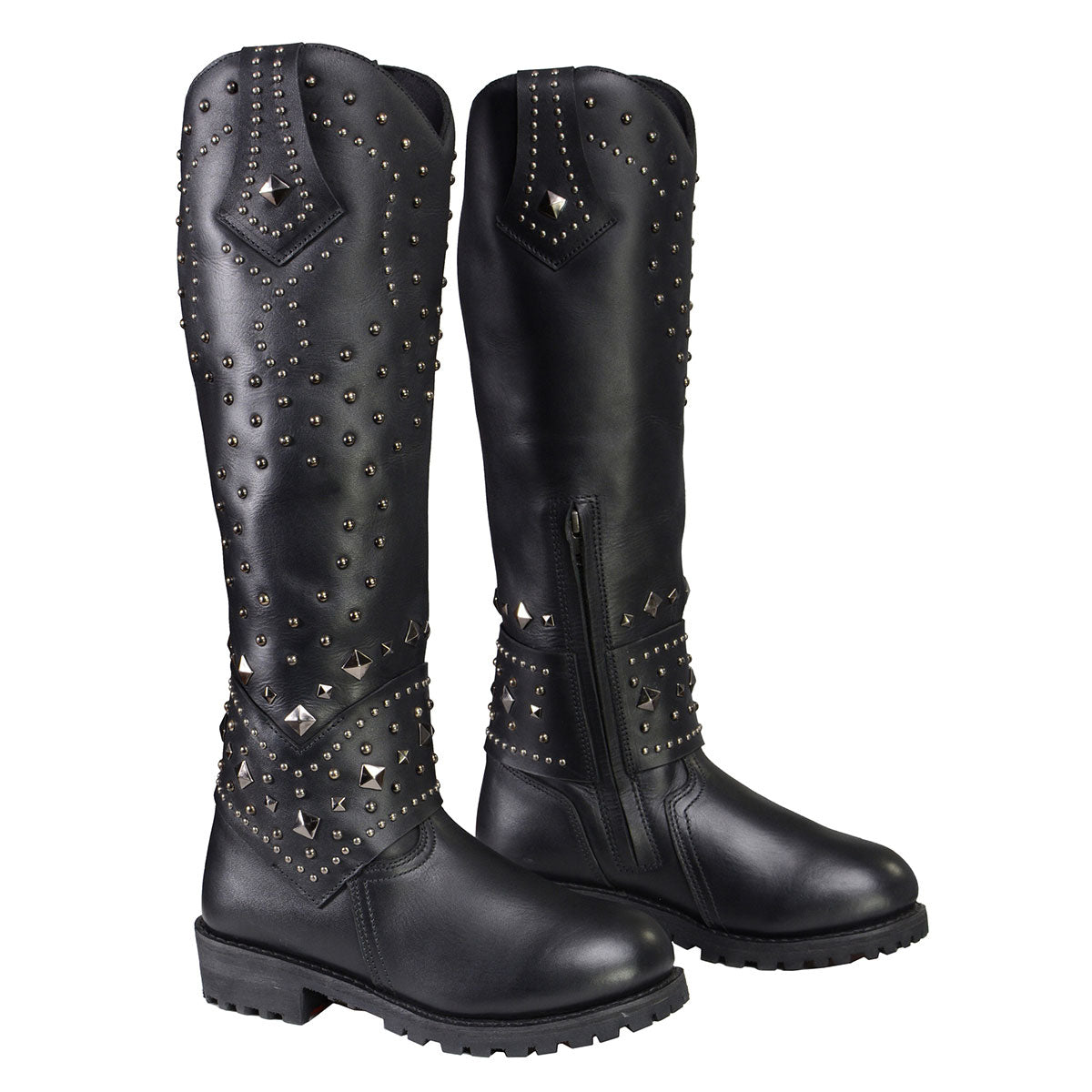 MBL9371 Women's Black 18-Inch Leather Studded and Riveted Western Style Motorcycle Boots