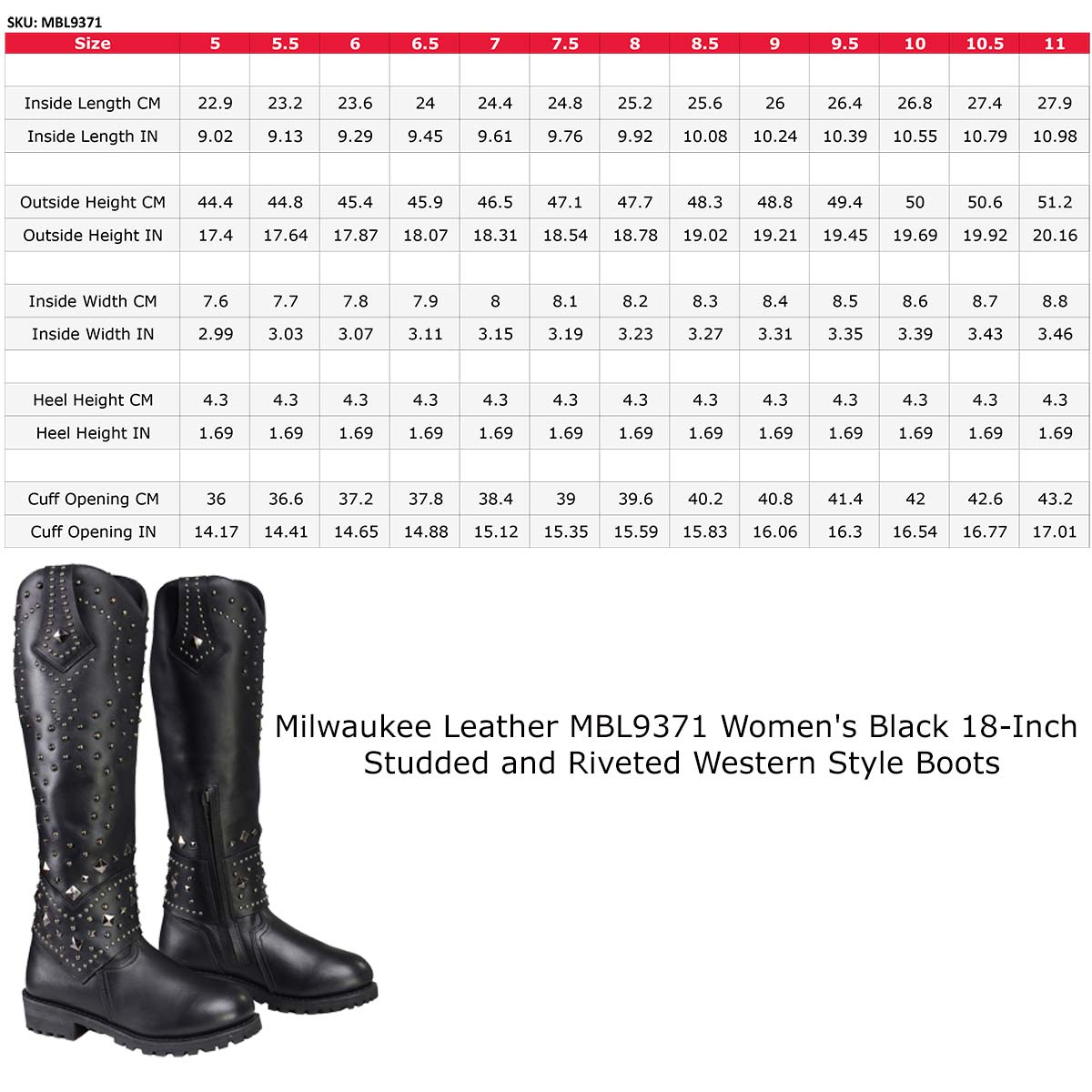 MBL9371 Women's Black 18-Inch Leather Studded and Riveted Western Style Motorcycle Boots