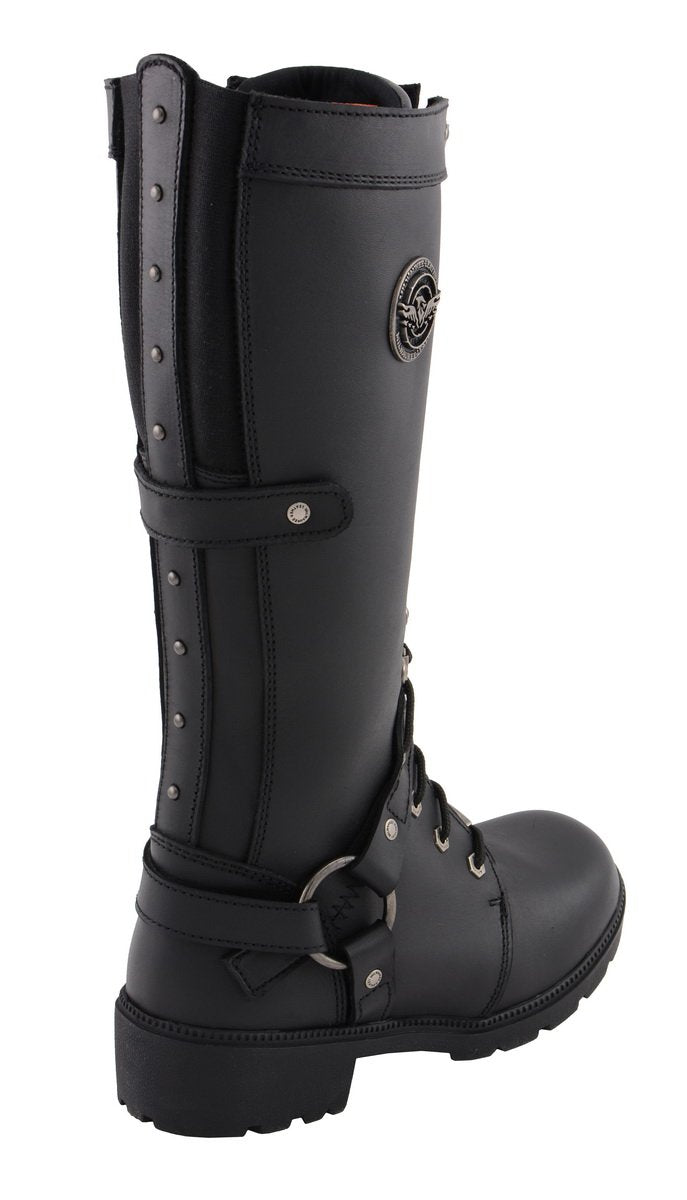 MBL9380 Women's Black 'Jane' 15-inch Leather Combat Style Harness Motorcycle Boots