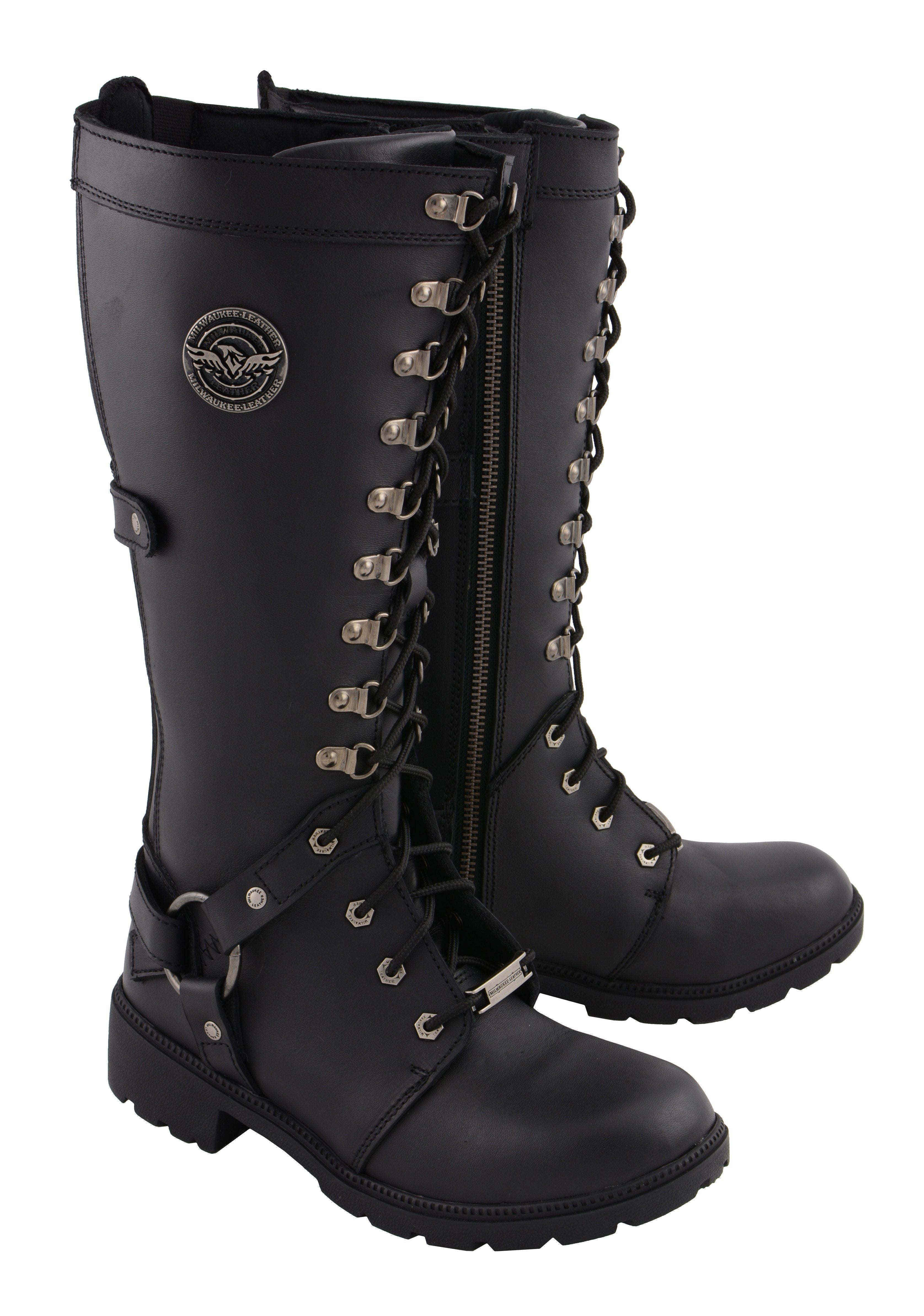 MBL9380 Women's Black 'Jane' 15-inch Leather Combat Style Harness Motorcycle Boots