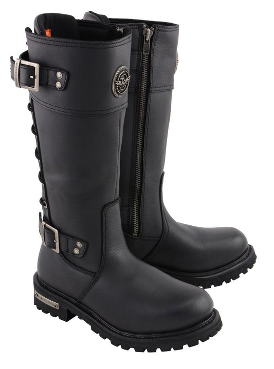 MBL9385 Women's Black Leather 15-Inch Calf Laced Motorcycle Riding Boots with Side Zipper