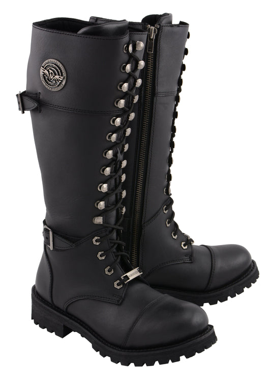 MBL9390 Women’s Black 16-inch Lace-Up Front Cap Toe Motorcycle Riding Leather Boots