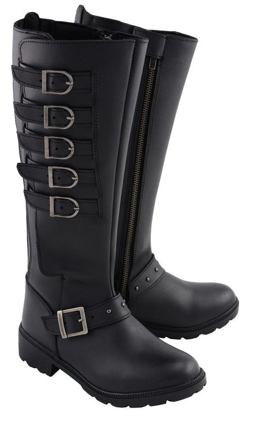 MBL9395 Women's Black Leather 17-Inch Side Strap Riding Motorcycle Boots with Side Zipper