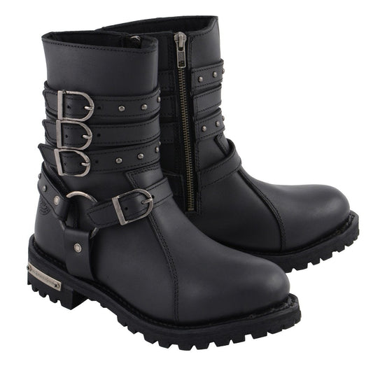 MBL9399 Women's 9-Inch Triple Buckle Black Leather Harness Biker Boots w/ Side Zipper