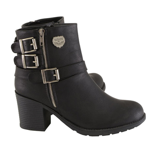 Women's Short Black Fashion Boots w/ Side Zipper and Triple Buckle Adjustment MBL9405