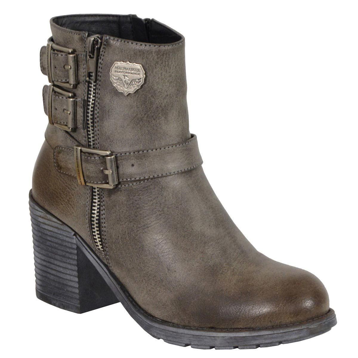 MBL9406 Women's Stone Grey 3-Buckle Leather Boots with Platform Heel