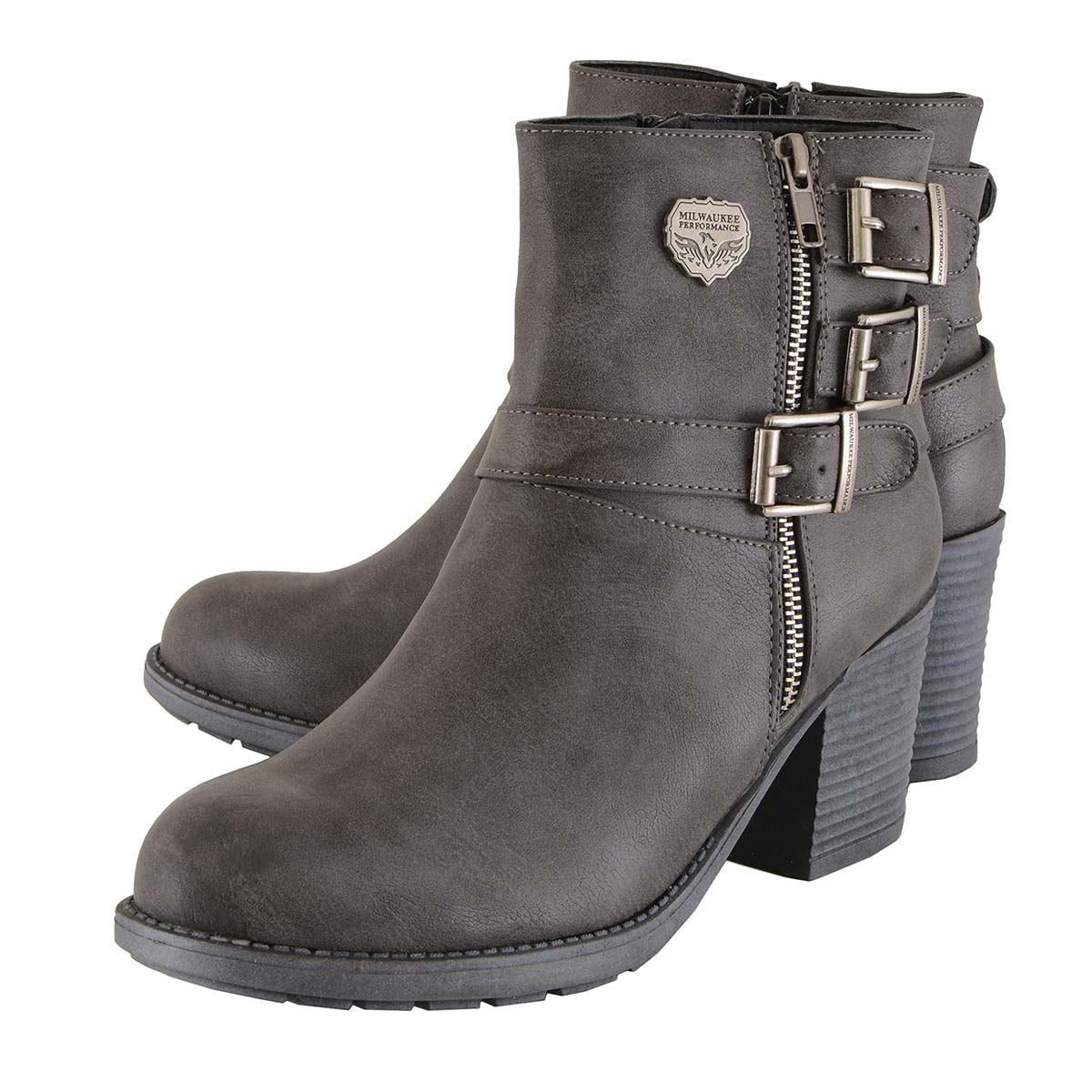 MBL9406 Women's Stone Grey 3-Buckle Leather Boots with Platform Heel