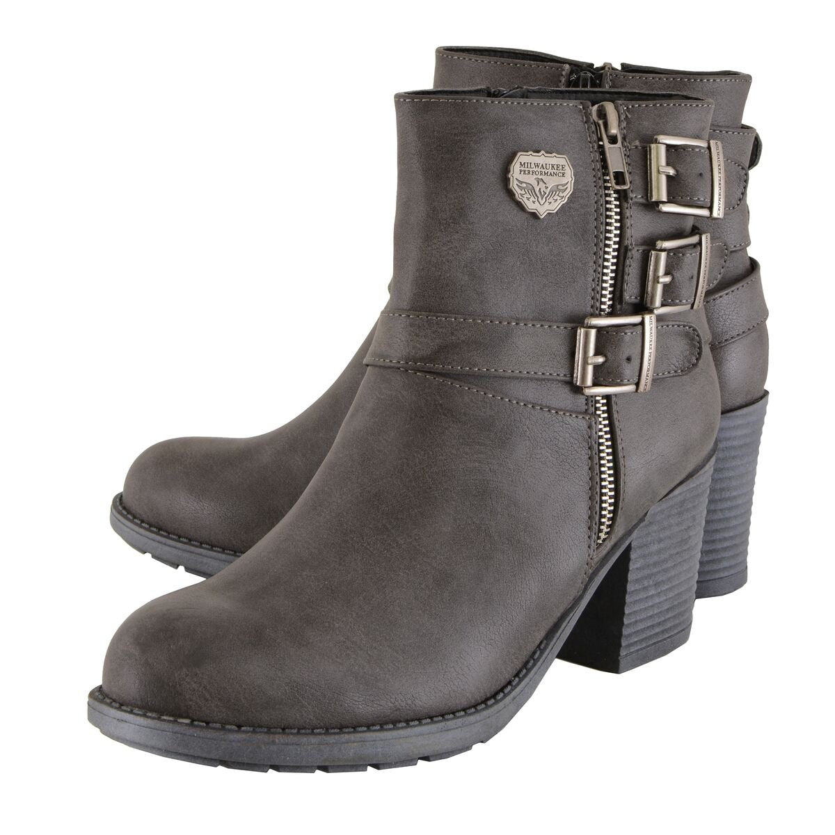 MBL9406 Women's Stone Grey 3-Buckle Leather Boots with Platform Heel