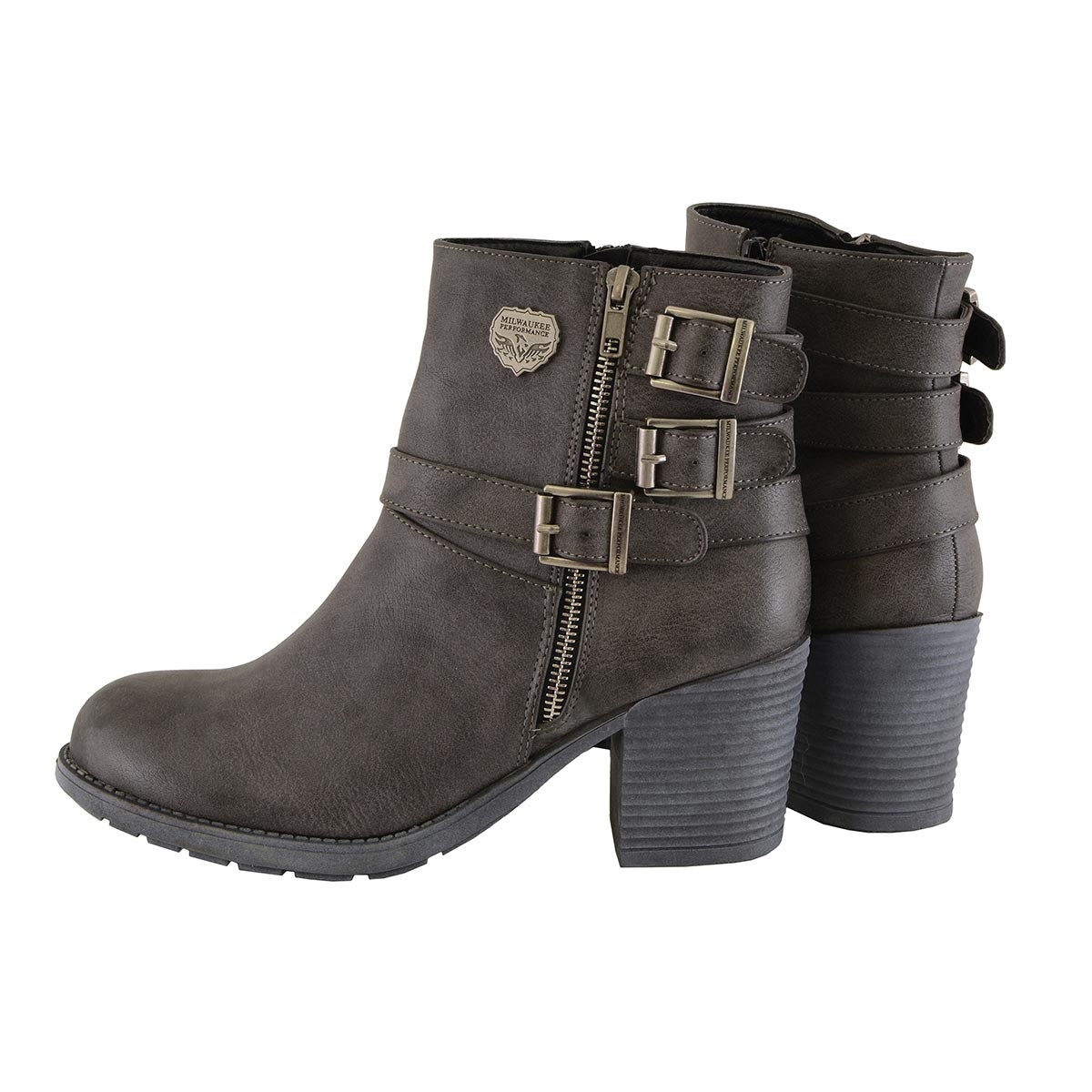 MBL9406 Women's Stone Grey 3-Buckle Leather Boots with Platform Heel