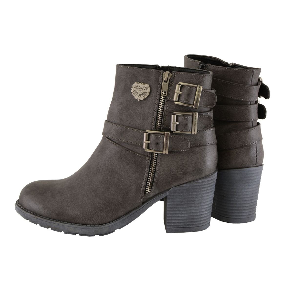 MBL9406 Women's Stone Grey 3-Buckle Leather Boots with Platform Heel