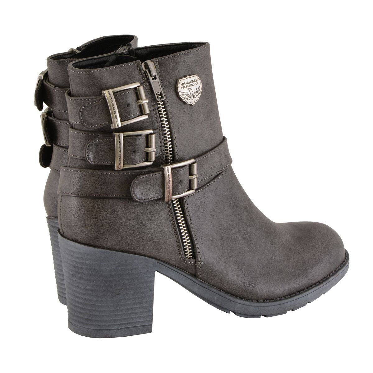 MBL9406 Women's Stone Grey 3-Buckle Leather Boots with Platform Heel