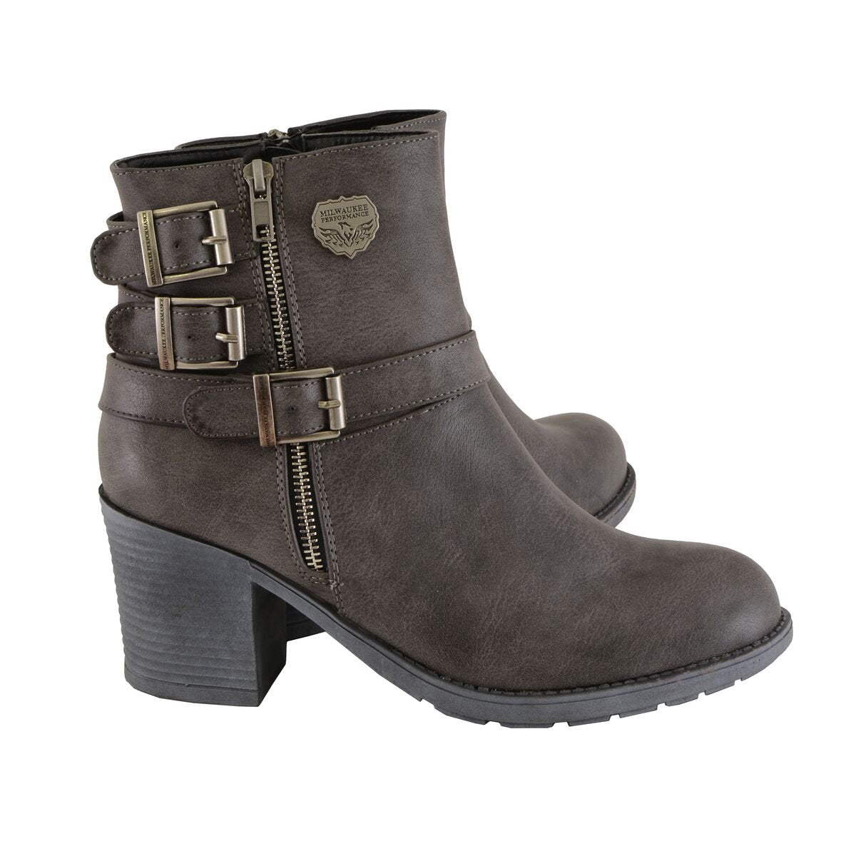 MBL9406 Women's Stone Grey 3-Buckle Leather Boots with Platform Heel
