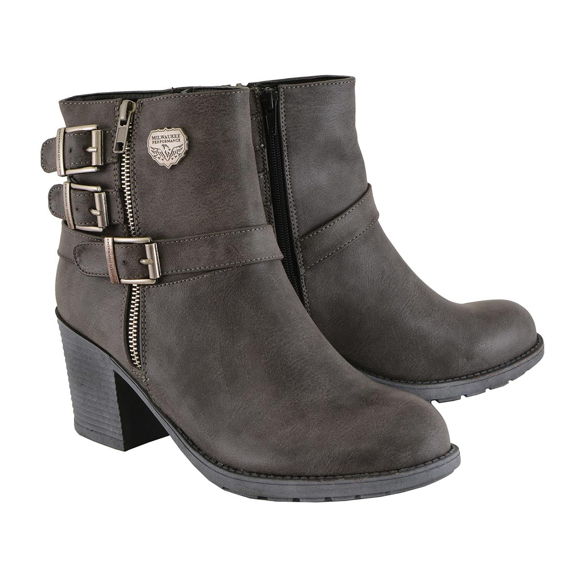 MBL9406 Women's Stone Grey 3-Buckle Leather Boots with Platform Heel