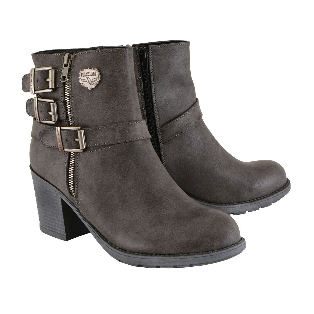 MBL9406 Women's Stone Grey 3-Buckle Leather Boots with Platform Heel