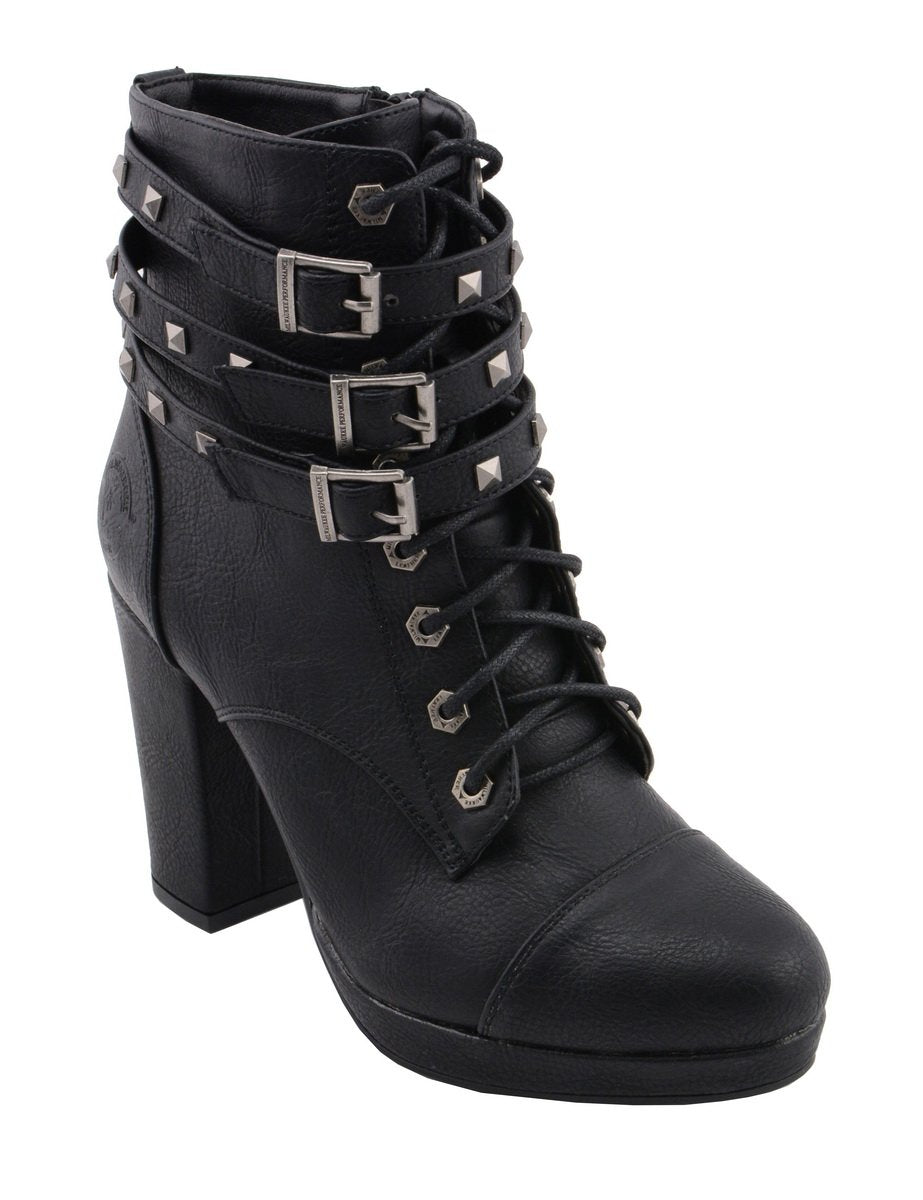 MBL9417 Women's Black Lace-Up Fashion Boots with Triple Strap Studded Accents