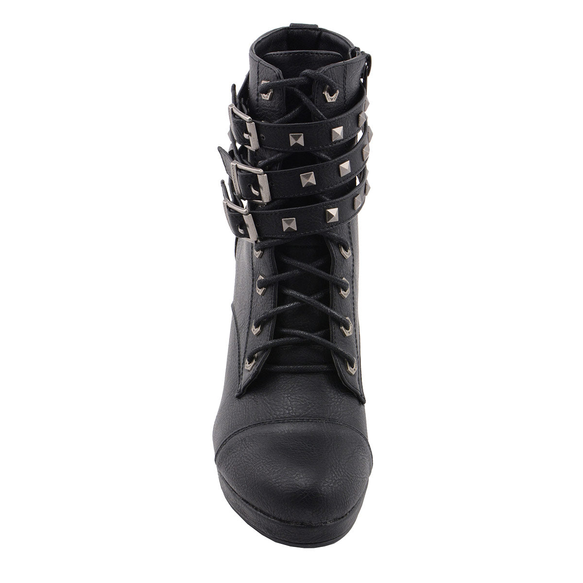 MBL9417 Women's Black Lace-Up Fashion Boots with Triple Strap Studded Accents